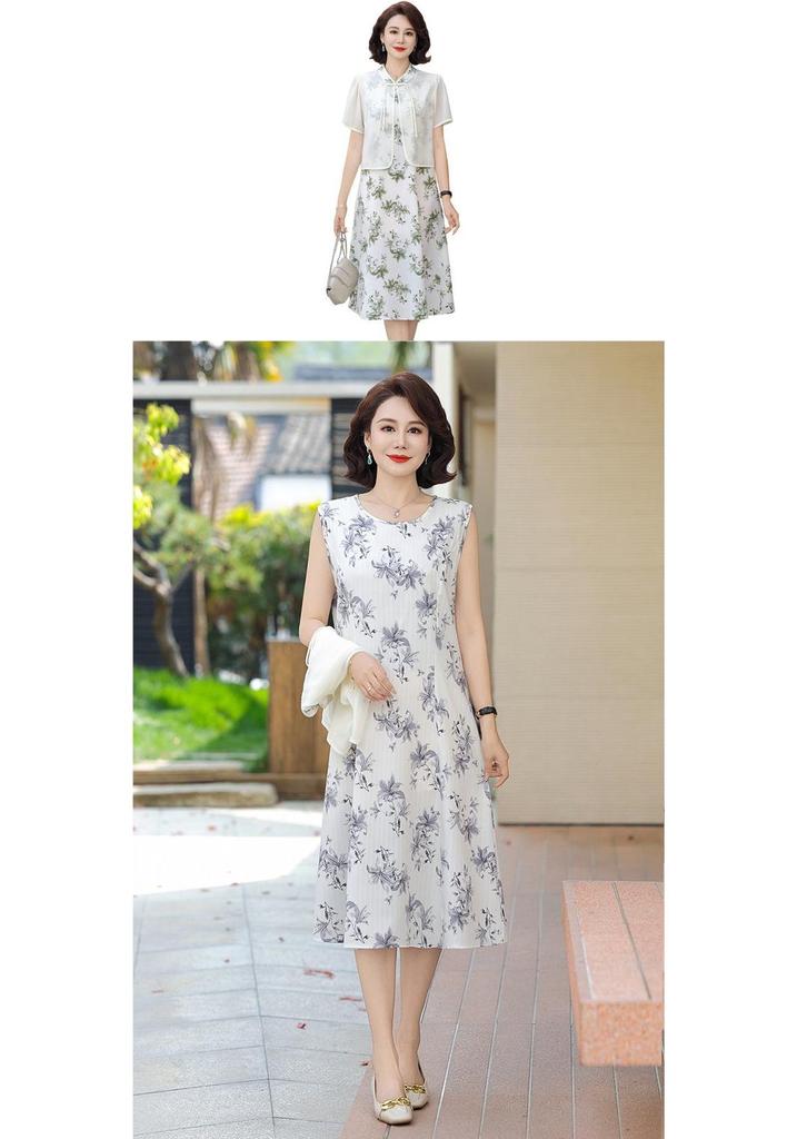 Elegant Loose-Fit Chiffon Dress with Wide-Leg Skirt for Middle-Aged and Elderly Women