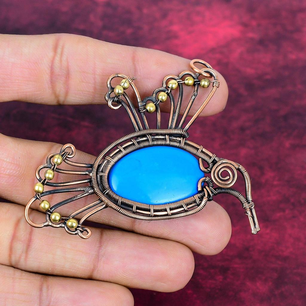 Sleeping Beauty Turquoise And Bird Pendant Copper Wire Wrapped Gemstone Pendant