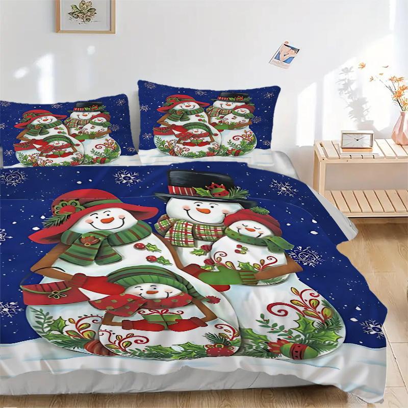 3pcs Christmas Snowman Family Decorative Bedding Set, Includes One Quilt Cover and Two Pillowcases (No Core), Gift for Home Décor, Anime Cartoon