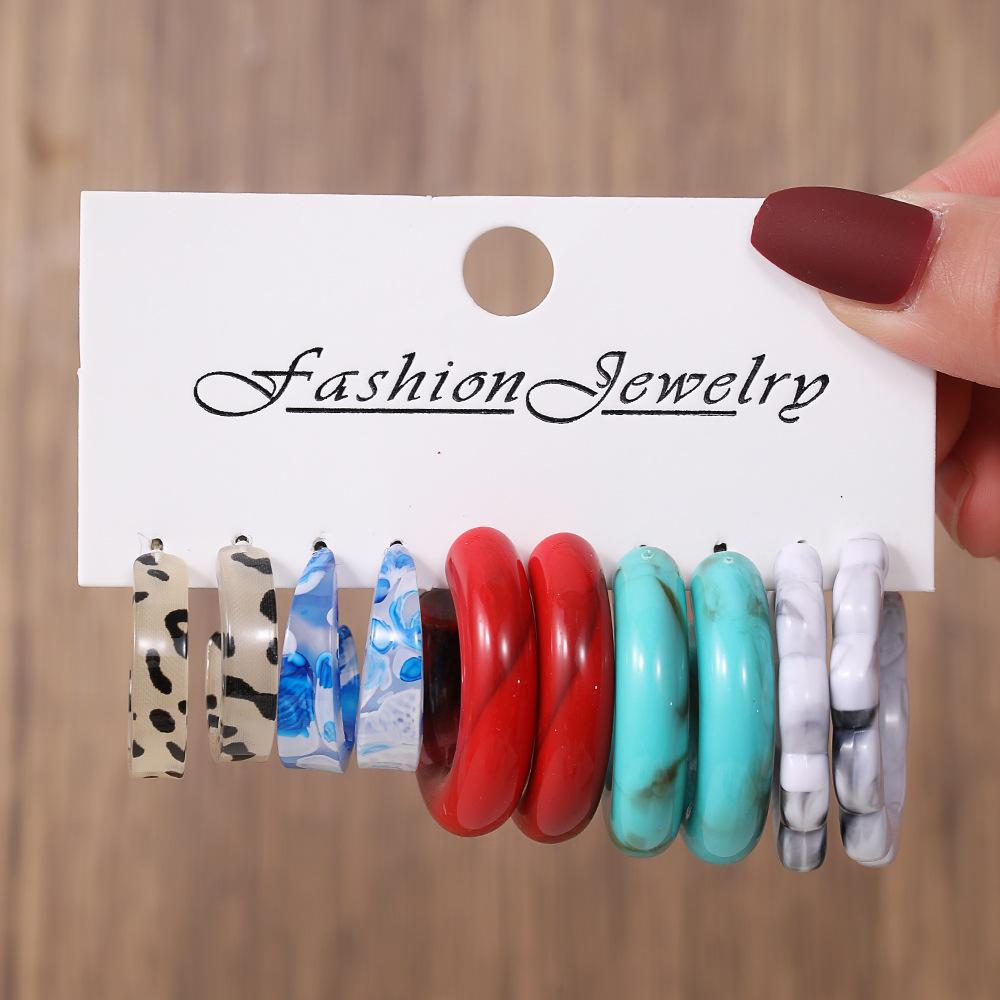 Color Creative Earrings Women's Acrylic C-shaped Mixed Color Resin Earrings 1 Pair Combination Set Exaggerated Earrings