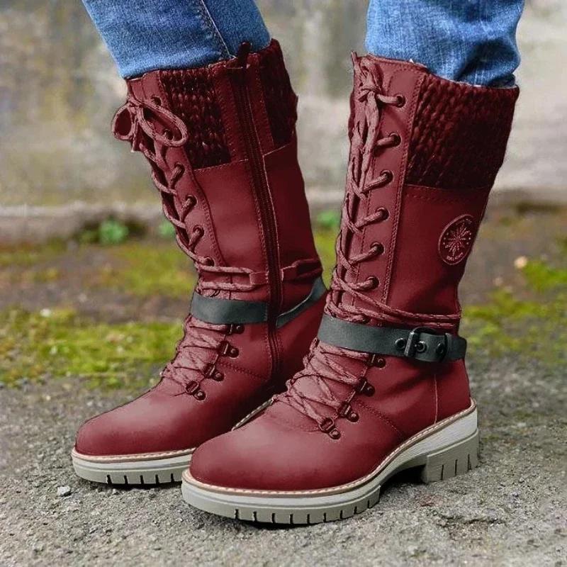 High Quality Women's Boots Warm Women Snow Boot Non-slip Mid-calf Boots Knitted Winter Women Shoes Low Heel Botines Para Mujeres