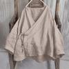 Womens Fashionable Solid Color V-neck Long Sleeved Lace Cotton And Linen Loose Shirt Top