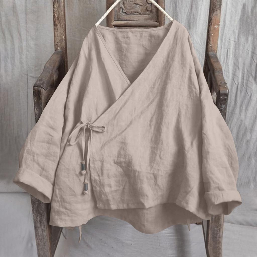 Womens Fashionable Solid Color V-neck Long Sleeved Lace Cotton And Linen Loose Shirt Top