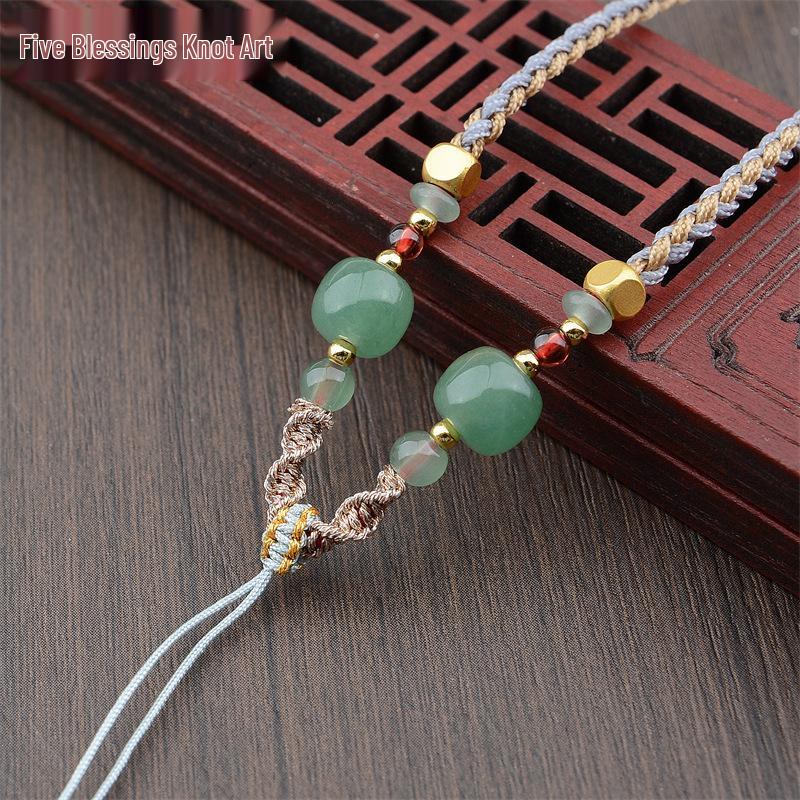 Four-Strand Braided Necklace Lanyard with Jadeite, White Agate, and Dongling Jade Pendant