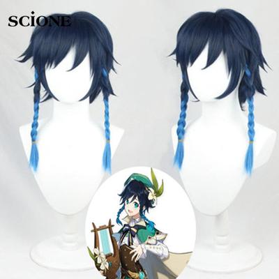 Genshin Impact Venti Cosplay Unisex 50cm Blue Wig Cosplay Anime Cosplay Braid Wigs Heat Resistant Synthetic Wigs Halloween