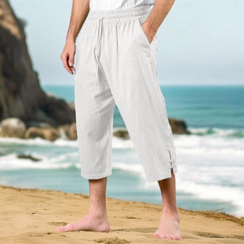 Men's Casual Summer Waist Drawstring Multi-pocket Linen Cropped Pants Beach Pants