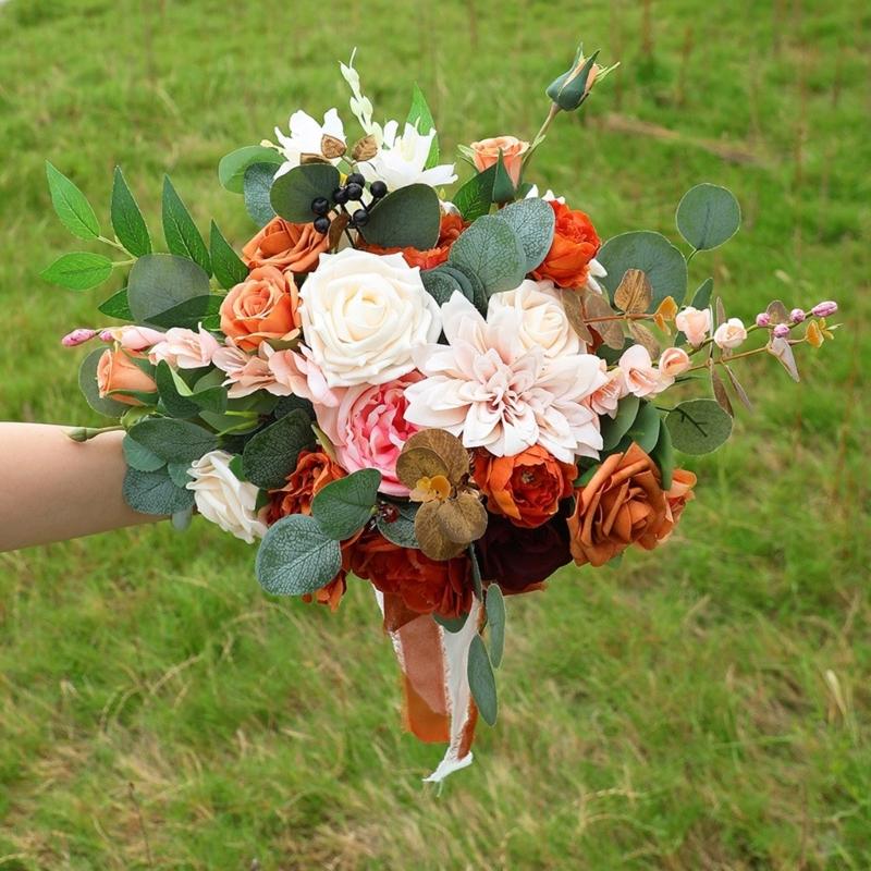 Realistic Caramel Bridal Bouquets Artificial Roses Fall Wedding Decoration Handmade Silk Flower For Home Elegant Party