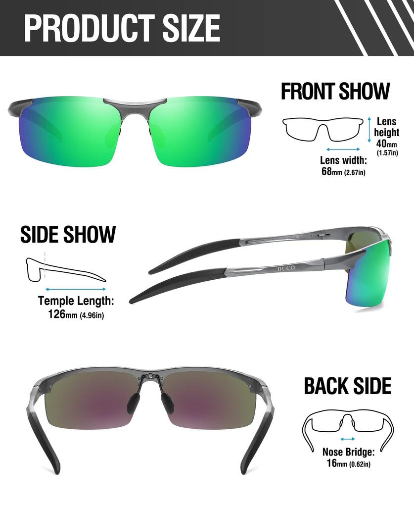 DUCO Polarisierte Sportsonnenbrille mit UV400 Schutz für und Golf Herren, AL-MG Legierung, Ultraleicht, Fahren, Radfahren, Angeln, Laufen,