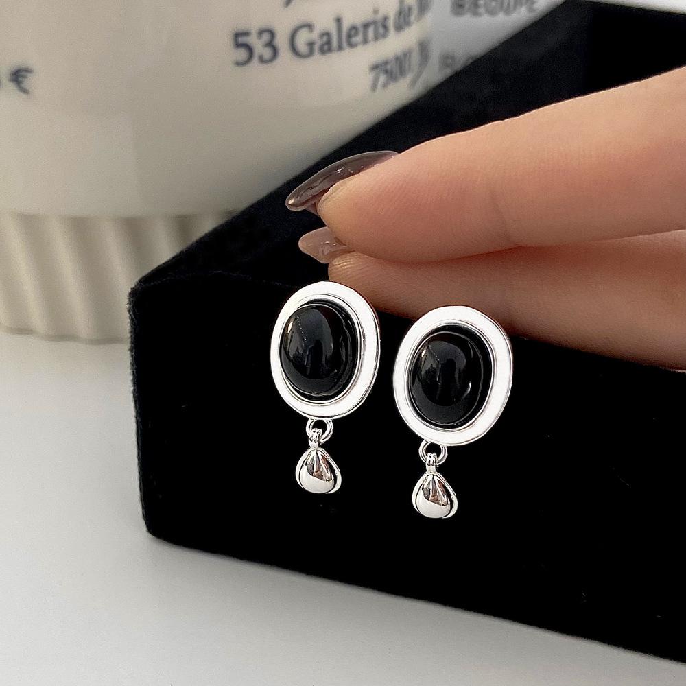Punk Geometric Drop Big Stud Earrings For Women Rock Oval Black Stone Color Simple Ins Cool Party Jewelry Gift