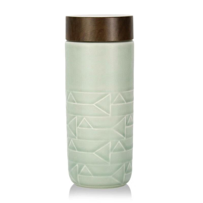 

A.D. Living Ware Double-Layer Ceramic Portable Cup with Wood Grain Lid
