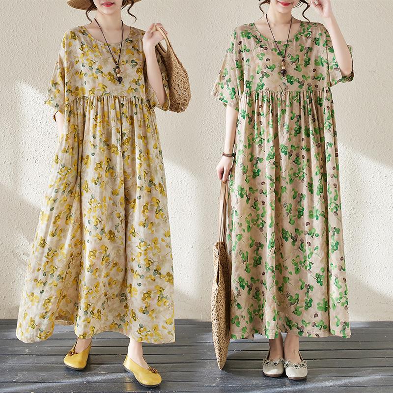 Plus Size Summer Retro Flower Print Short Sleeve Dress Large Size Women Casual Loose Maxi Holiday Floral Dresses