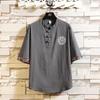 Camisa de Linho Casual Masculina Estilo Retrô de Algodão e Linho Manga Curta Masculina