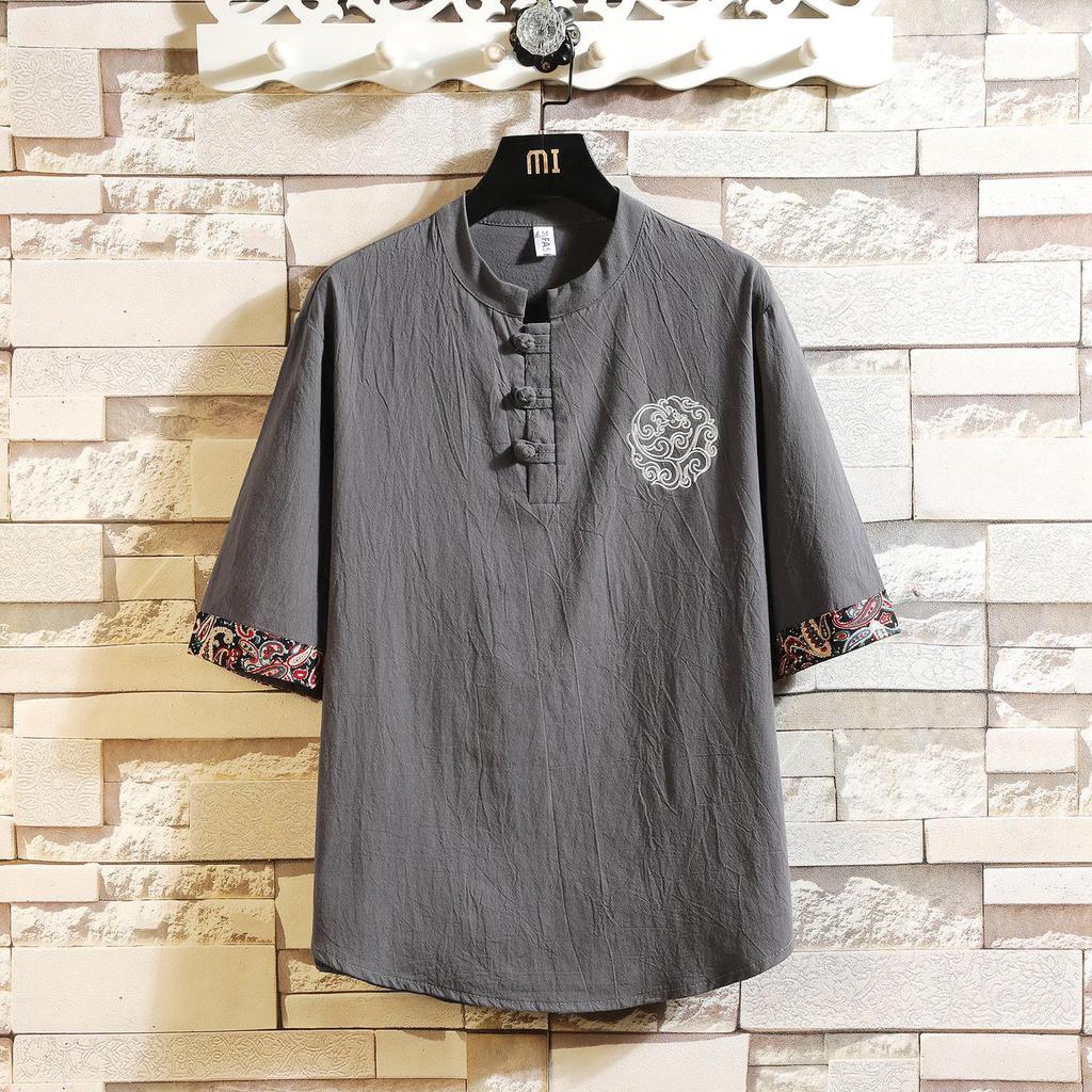 Camisa de Linho Casual Masculina Estilo Retrô de Algodão e Linho Manga Curta Masculina