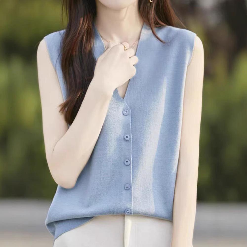 2025 Summer Women's Ice Silk Sleeveless Cardigan Vest with Buttons