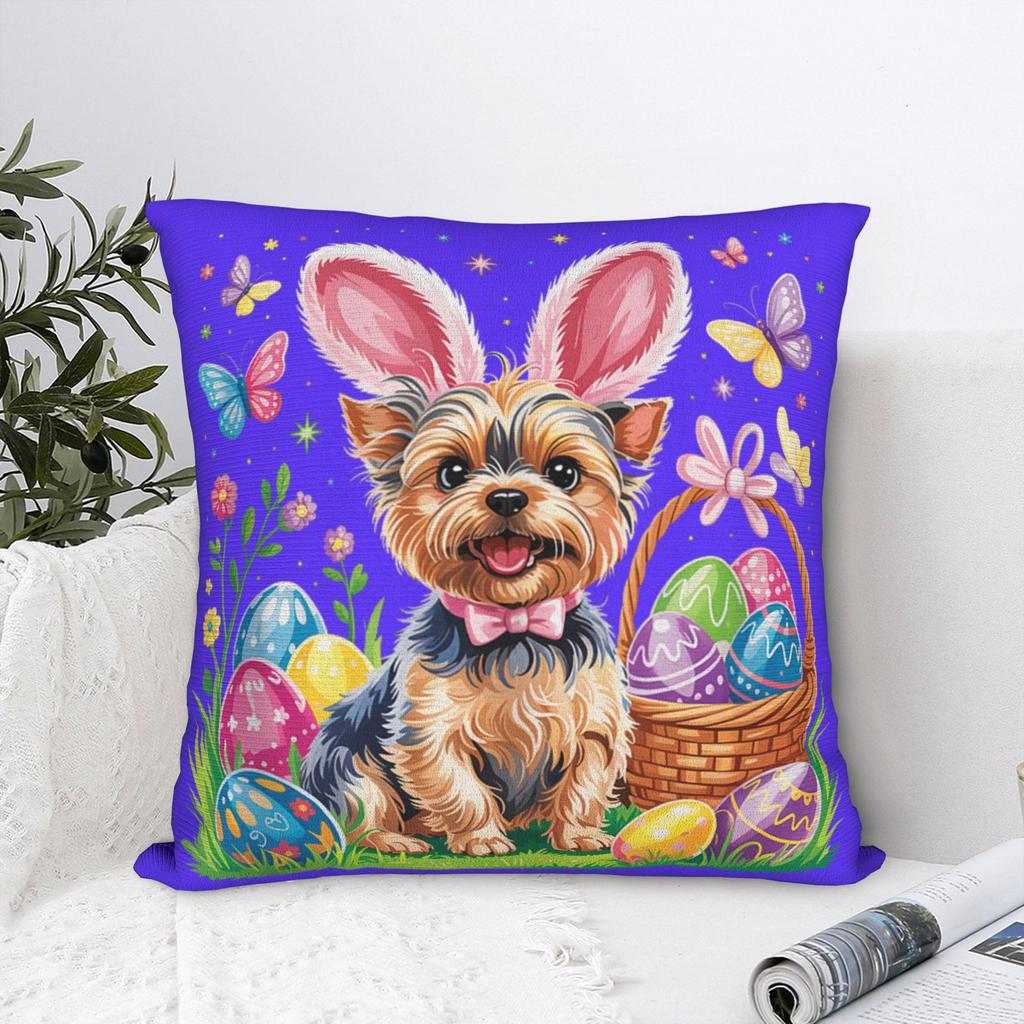 Cute Bunny Yorkie Terrier Dog Easter Eggs Pillow Cover Soft Cushion Cover Vintage Pillow Case For Office Car Home Decor