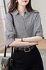 Summer Blouse for Short Checkered Loose Henley for Office for Casual [H. Zroy] Women, Shirt, Sleeve, Top, Pattern, Turn-down Collar, Fit, Slimming,