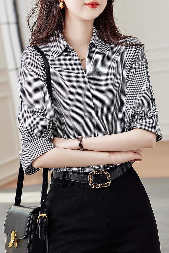 Summer Blouse for Short Checkered Loose Henley for Office for Casual [H. Zroy] Women, Shirt, Sleeve, Top, Pattern, Turn-down Collar, Fit, Slimming,