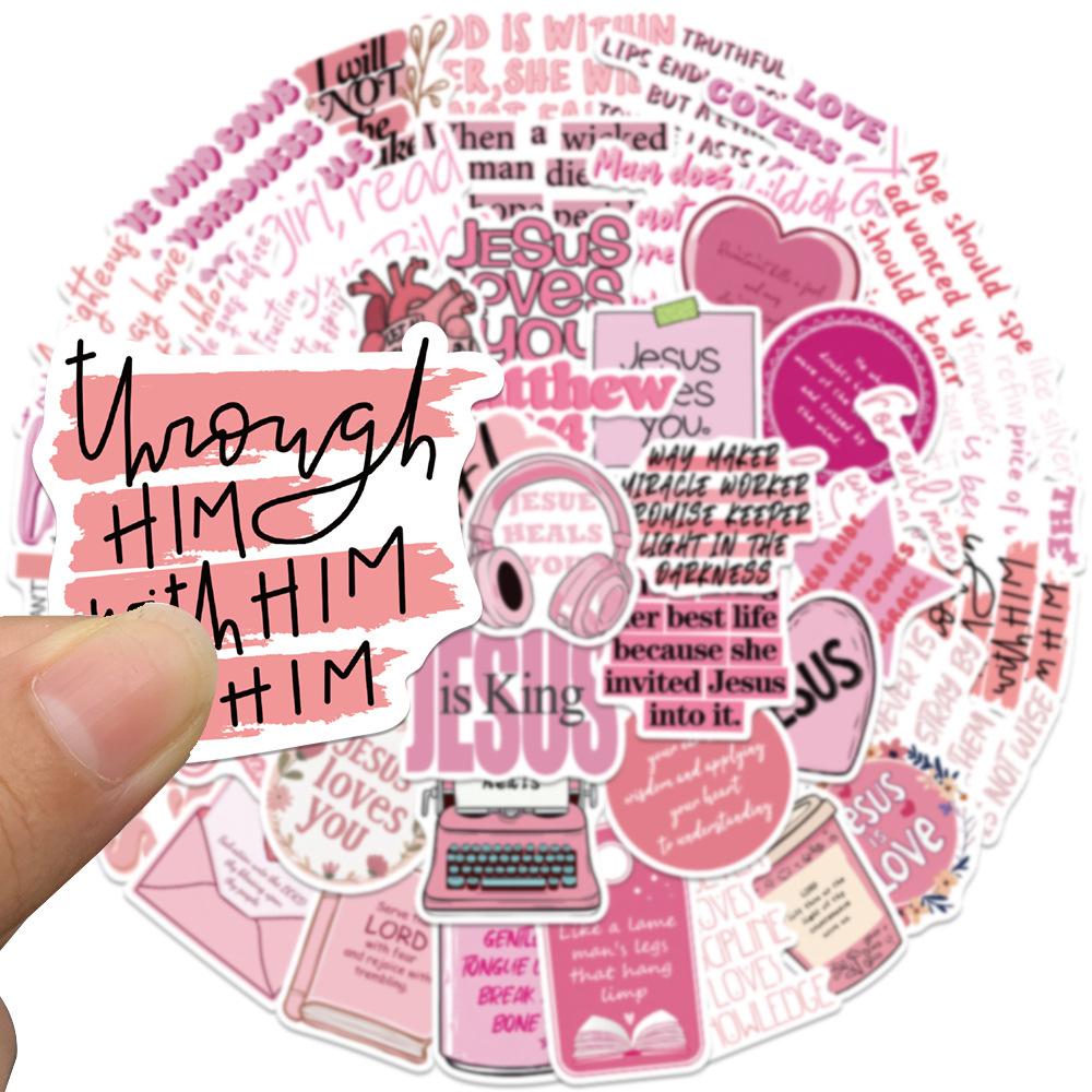 10/30/50PCS Pink Bible Christian Stickers Cartoon Jesus Loves You Cartoon Decals for Laptop Phone Waterproof Sticker Kid Toy