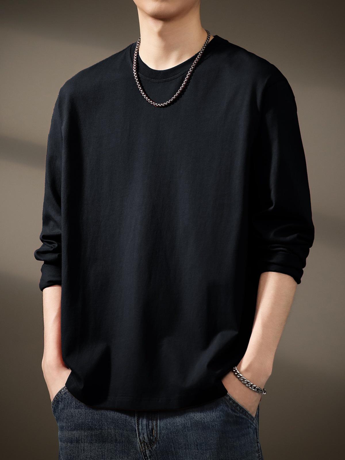 

Чоловіча чорно-біла бавовняна футболка з довгим рукавом, круглим вирізом, вільного крою, ідеально підходить для весни та осені. 240g, M чорний