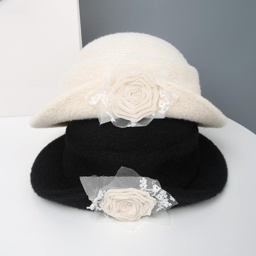 Floral Black Knitted Hat Lace Women Fisherman Hat Fashion Hepburn Style Topper Hat  Wedding