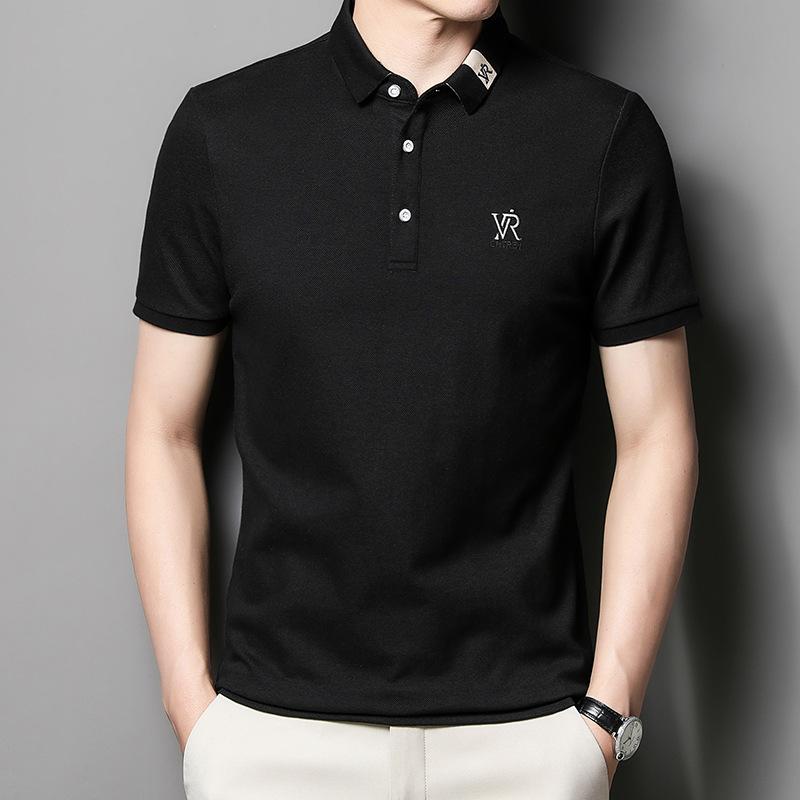 Camiseta de manga corta de algodón bordada para hombre, polo informal de negocios ligero y fino de verano, con solapa y corte entallado