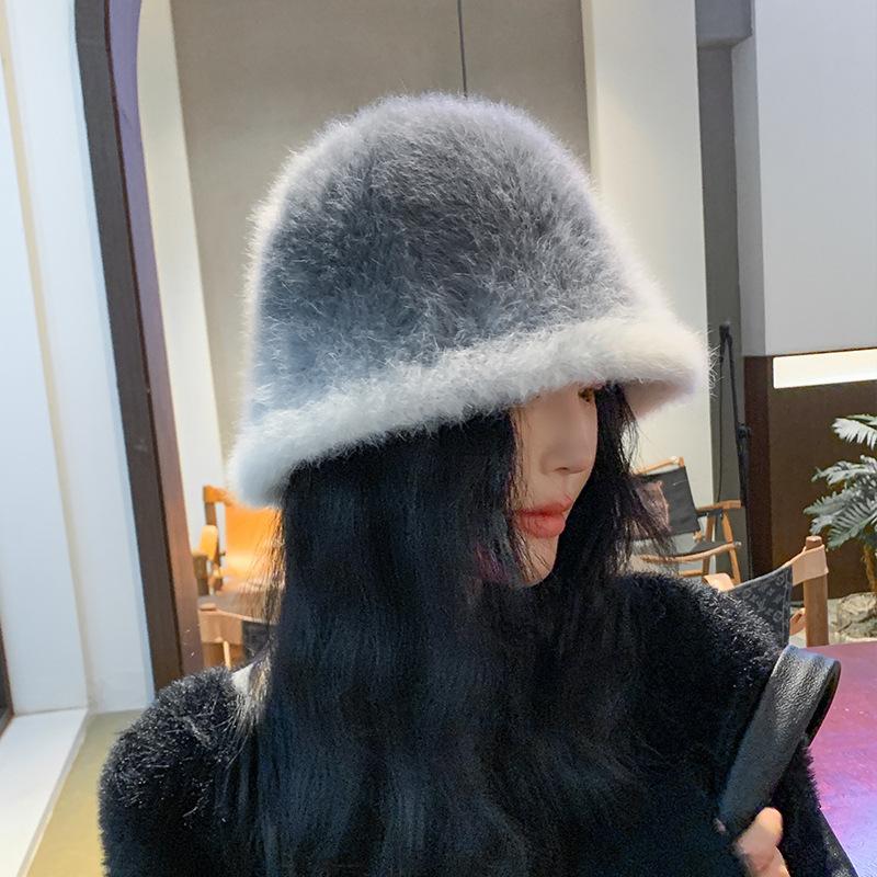 Fisherman Hat Women's Autumn and Winter Warm and Fashionable Gradient Color Rabbit Fur Basin Hat Showing Face Small Plush Bucket Hat