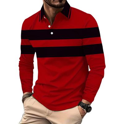 Retro Randig Röd Pikétröja för Män Trendig Krage Golfdräkter Street Sport Topp Långärmad T-shirt Herrkläder