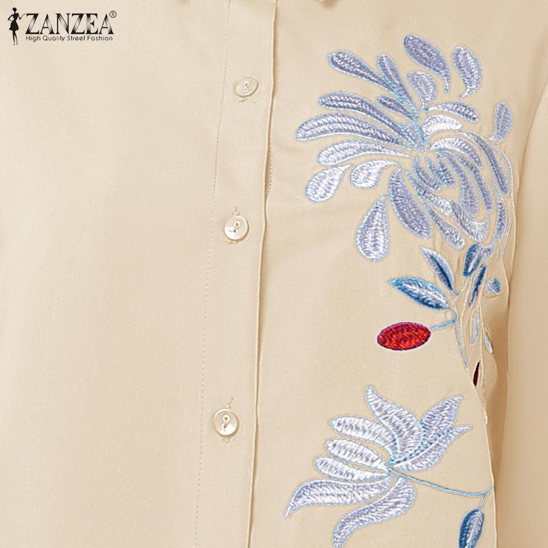 ZANZEA Women Casual Turn Down Collar 3/4 Sleeve Loose Embroidered Shirt Dress