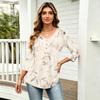 Damen 3/4 Ärmel V-Ausschnitt Knopfdetails Blumenmuster Tunika Oberteil Lässig Lockerer Schnitt Leichte Bluse