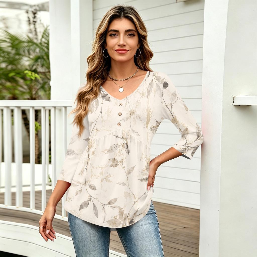 Damen 3/4 Ärmel V-Ausschnitt Knopfdetails Blumenmuster Tunika Oberteil Lässig Lockerer Schnitt Leichte Bluse