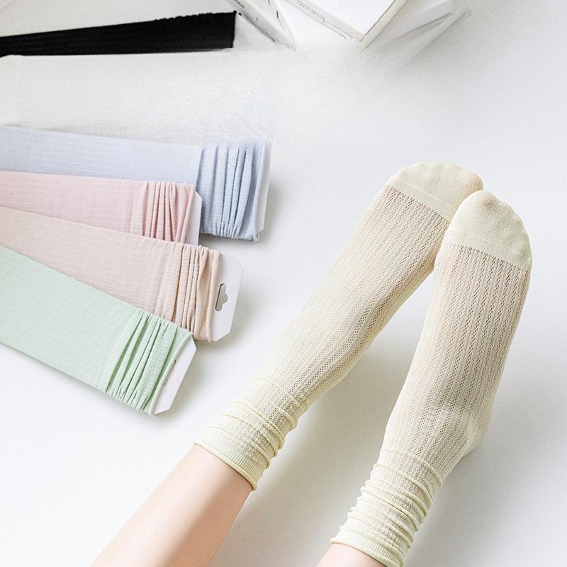 Boneless Pile Socks for Women, Summer Thin Mid-calf Socks, White Long Socks with Small Leather Shoes, Postpartum Socks, Summer Long Calf Socks