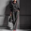 European and American Women's Clothing Dark Gray Air Layer Contrasting Color Hooded Sweater with Straight Pants Suit Casual Sports