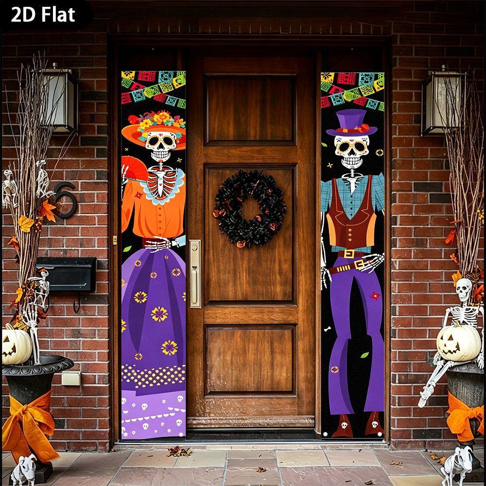 2D Flat, 2D Flat - 2D Flat, 2D Flat - 2D Flat 2pcs Banner Halloween Couple Skull Couple Slogan Banner High Definition Print Vibrant Colors Includes Fa