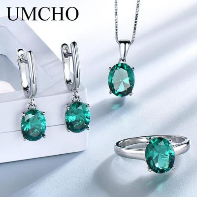 Set di gioielli da sposa con pietre preziose di smeraldo nano per donne Anelli di fidanzamento in argento sterling 925 Collana con ciondolo Orecchini a clip