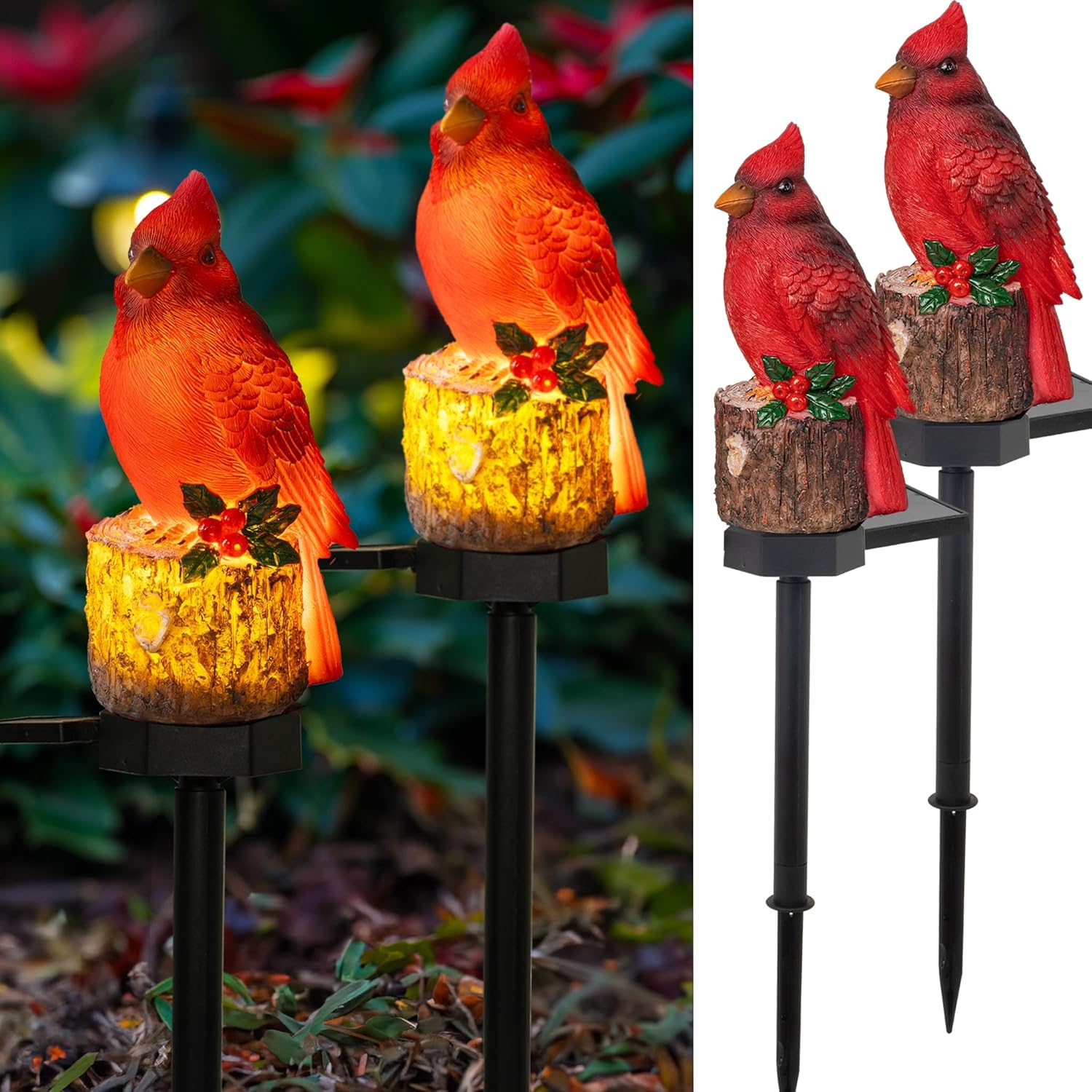 Dazzle Bright 2 Pack 22.5 in Cardinal Bird Solar Lights, Red Bird Solar Powered Lights Cardinal Garden Stake Light for Christmas Pathway Garden Lawn