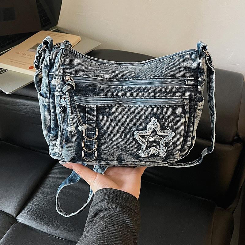 Denim Bag Multi-zipper Retro Crossbody Bag Middle-aged Mother Bag