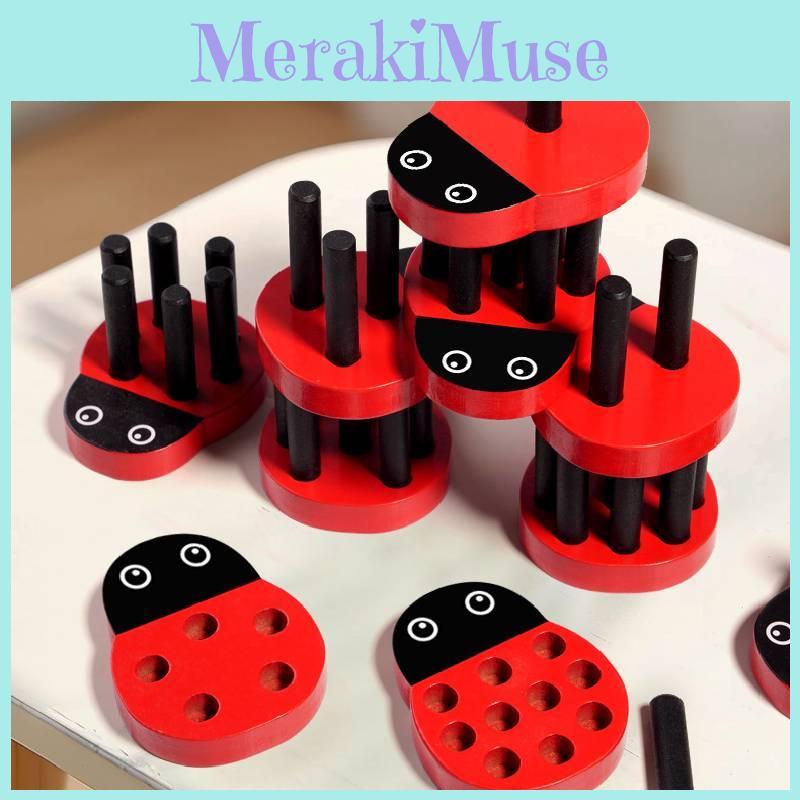 Fun Number Cognition Pairing Wooden Ladybug Stacked High Children Puzzle Toy For Early Childhood Learning
