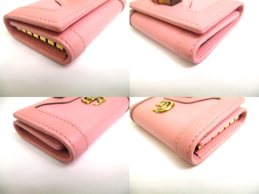 Authentic GUCCI Double G Bamboo Pink Leather 6 Pics Key Chain #a611 Refurbished
