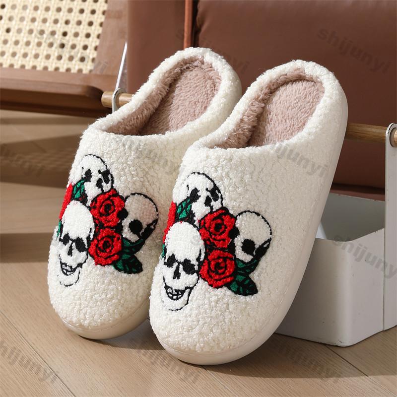 Damen Winter Hausschuhe für Paare Rutschfest Halloween Baumwollschuhe Warm Plüsch Pantoletten Indoor Schlafzimmer Warm Cartoon Boden Hausschuhe