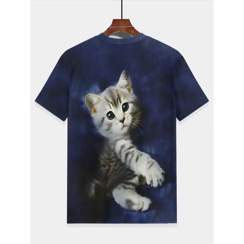 Summer Boy's T-shirt 3D Kitten Print Round Neck Short Sleeved Top