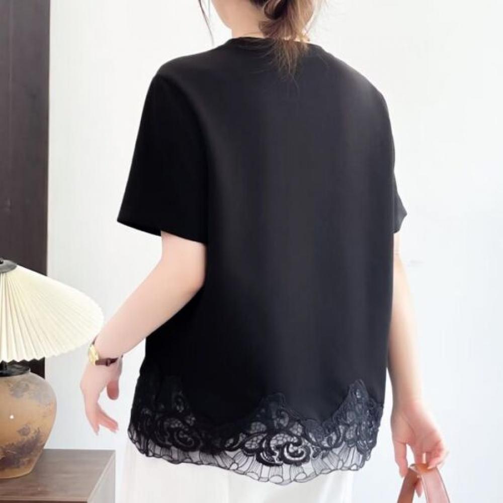 Navava Women Loose FiT Lace Hem Round Neck ShorT Sleeve T shirT nT3388