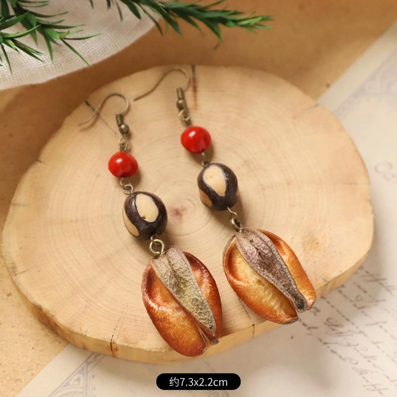 Retro Handmade Plant Fruit Earrings Pine Cone Literature and Art Chinese Medicine Dried Fruit Niche Creative Earrings Women