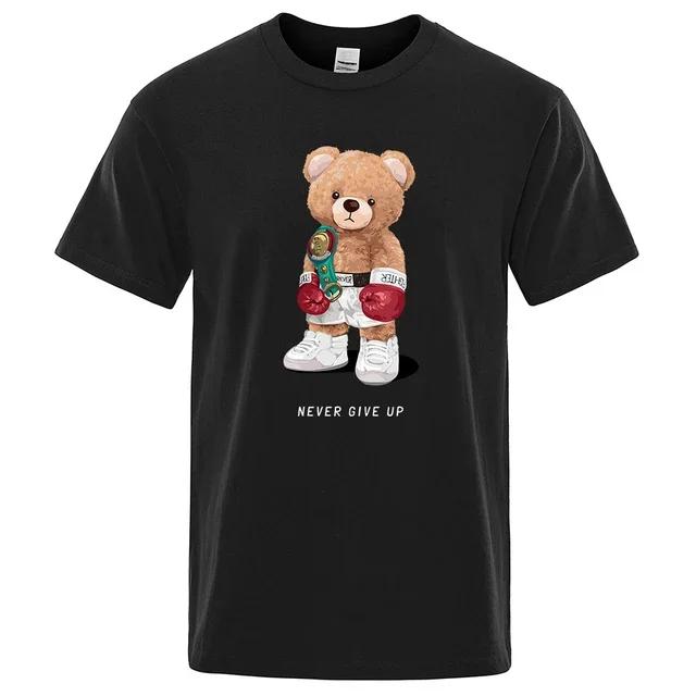 strong Boxer Teddy Bear Never Give Up Print Funny T-Shirt Men Cotton Casual Short Sleeves Loose Oversize S-XXXL Tee Clothing