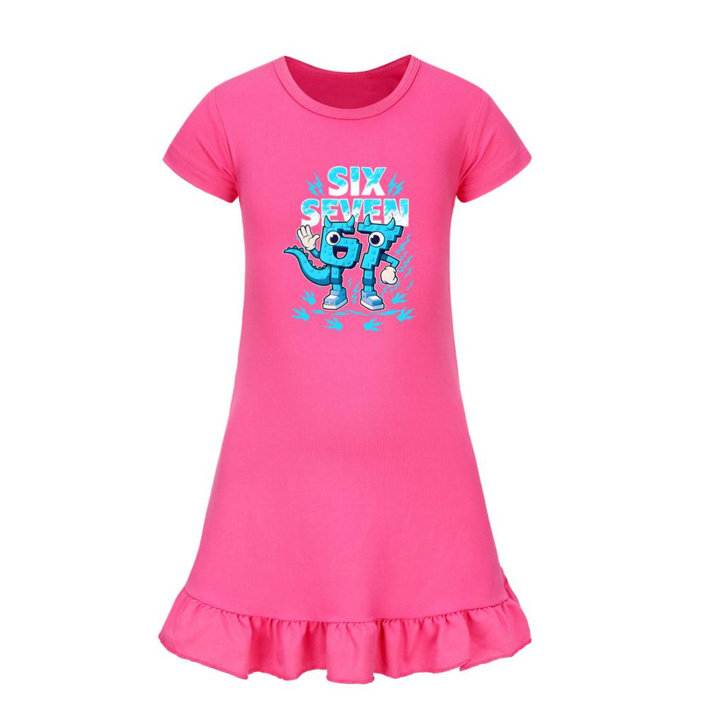 5192 Kids Girls Steal a Brainrot 67 Six Seven Printed Ruffle Short Sleeves Casual Dress