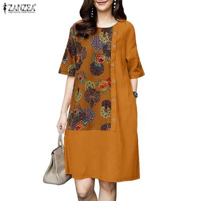 Women Casual Round Neck Short Sleeve Retro Print Dress
