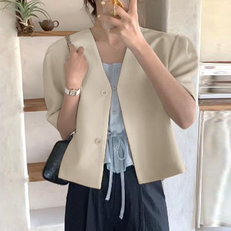 

ZANZEA Женская повседневная летняя блузка-кардиган с V-образным вырезом и коротким рукавом S бежевый