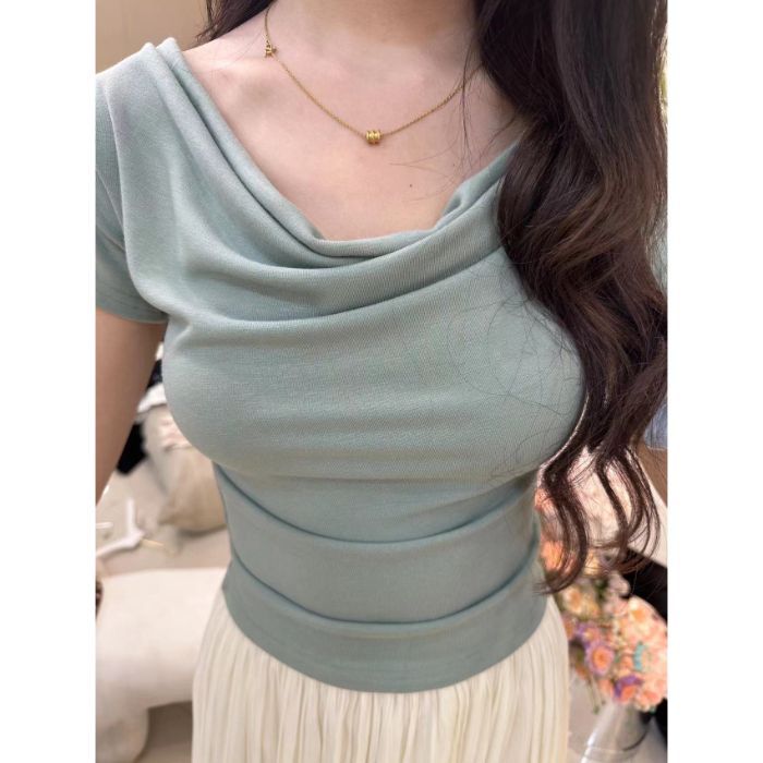 

Design sense niche swinging collar short-sleeved T-shirt women s summer new Spice Girl style temperament slim and thin short top XL зелений