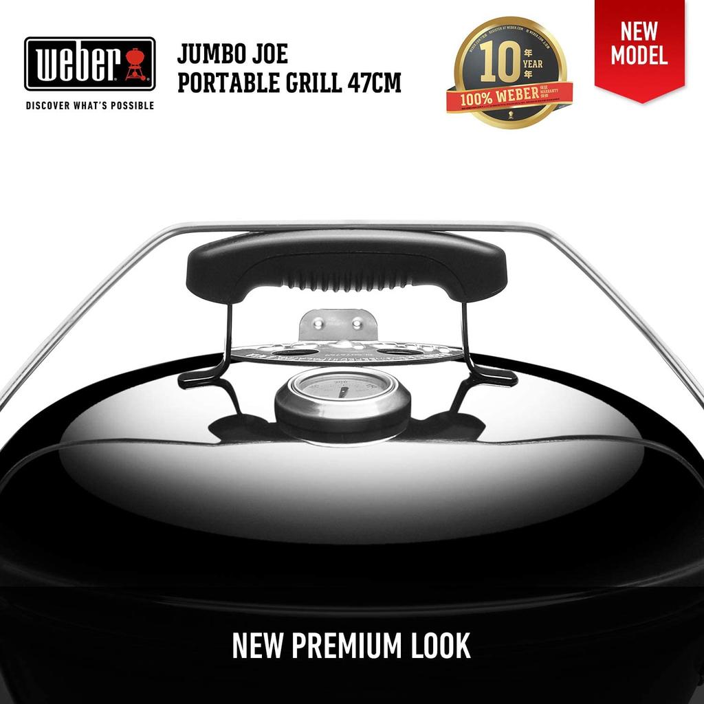 Weber Barbecue Stove 47cm Diameter Jumbo Joe Camping Fire Pit for 6-8 People with Thermometer 1211308 Black