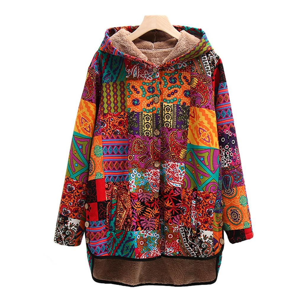 (SU)Damen-Pullover mit Kapuze und Taschen, ethnisch bedruckt, gepolstert, langärmelig, mittellange Jacke