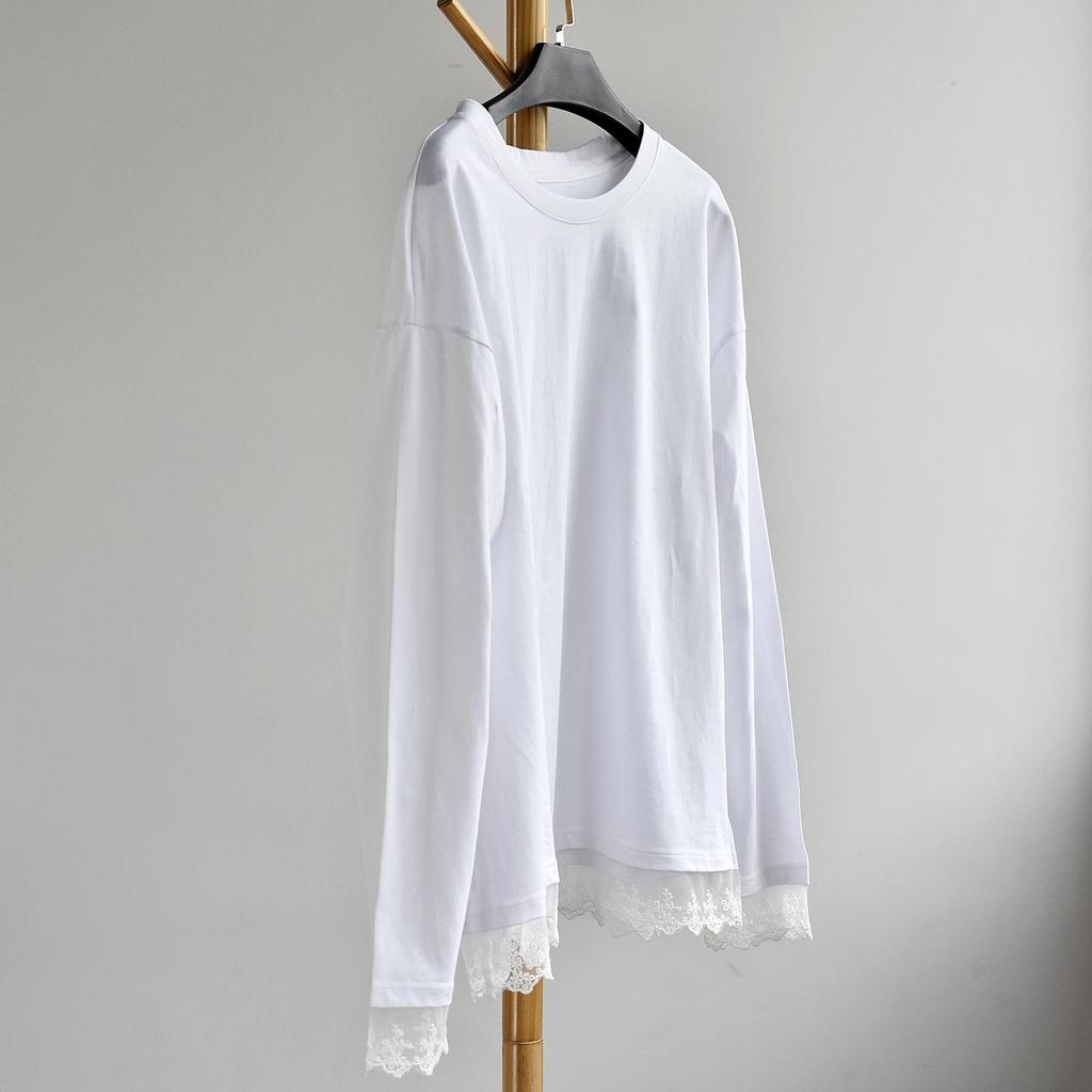 Lace Spliced Plus Size Pure Cotton Long Sleeve T-Shirt - Mid-Length Early Autumn Women's Top